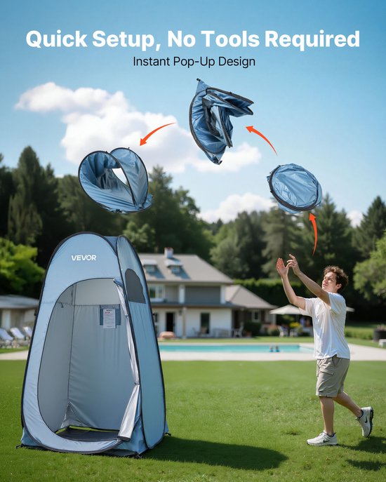 VEVOR POP-Up Douchetent (1219 X 1219 X 2134 mm) Waterdichte Toilettent met Omkleedruimte, Inclusief Haringen, Touwen, Draagtas & Ophangtas, Gemaakt van 190t Polyester Voor Kamperen, Strand, Vissen, Blauw van Merkloos — afbeelding 4
