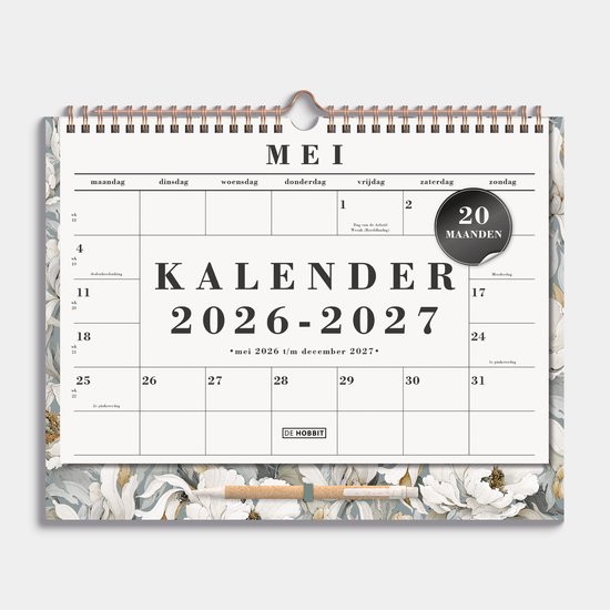 Hobbit - Maandkalender 2026-2027 - A4+ (25 x 30.5 cm) - 1 maand op 1 pagina - Maandplanner - met pen - Witte Rozen