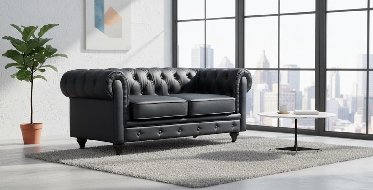 Chesterfield 2-Zits Bank Aliza Luxe – Zwart – Engelse Stijl – 157 cm – Comfortabele Zitdiepte – Stijlvolle Design Bank voor Woonkamer House&Garden