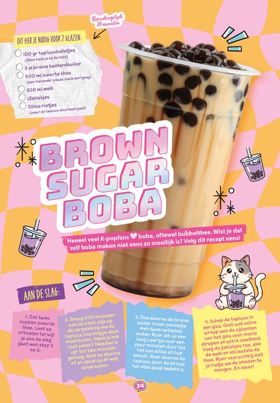 Recept voor Brown Sugar Boba. Grote beker met bubbelthee en boba parels. Kat met boba thee.