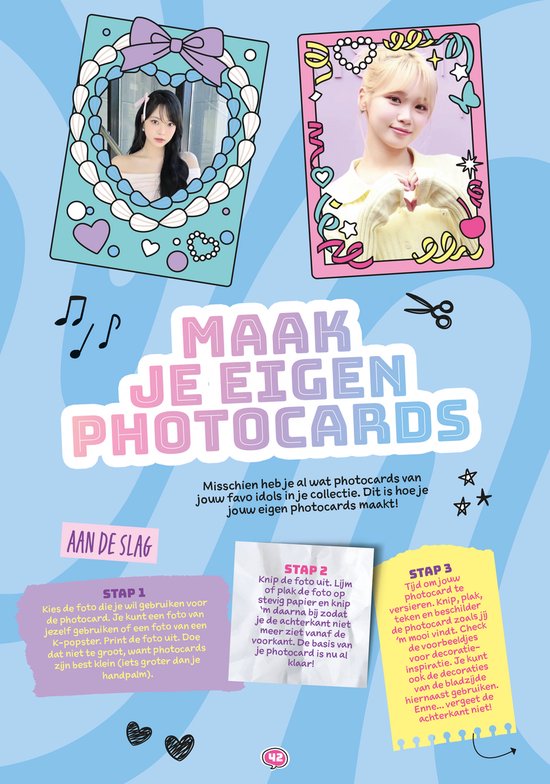 Maak je eigen fotokaarten met K-pop idolen. Twee voorbeelden met meisjes in fotolijsten.