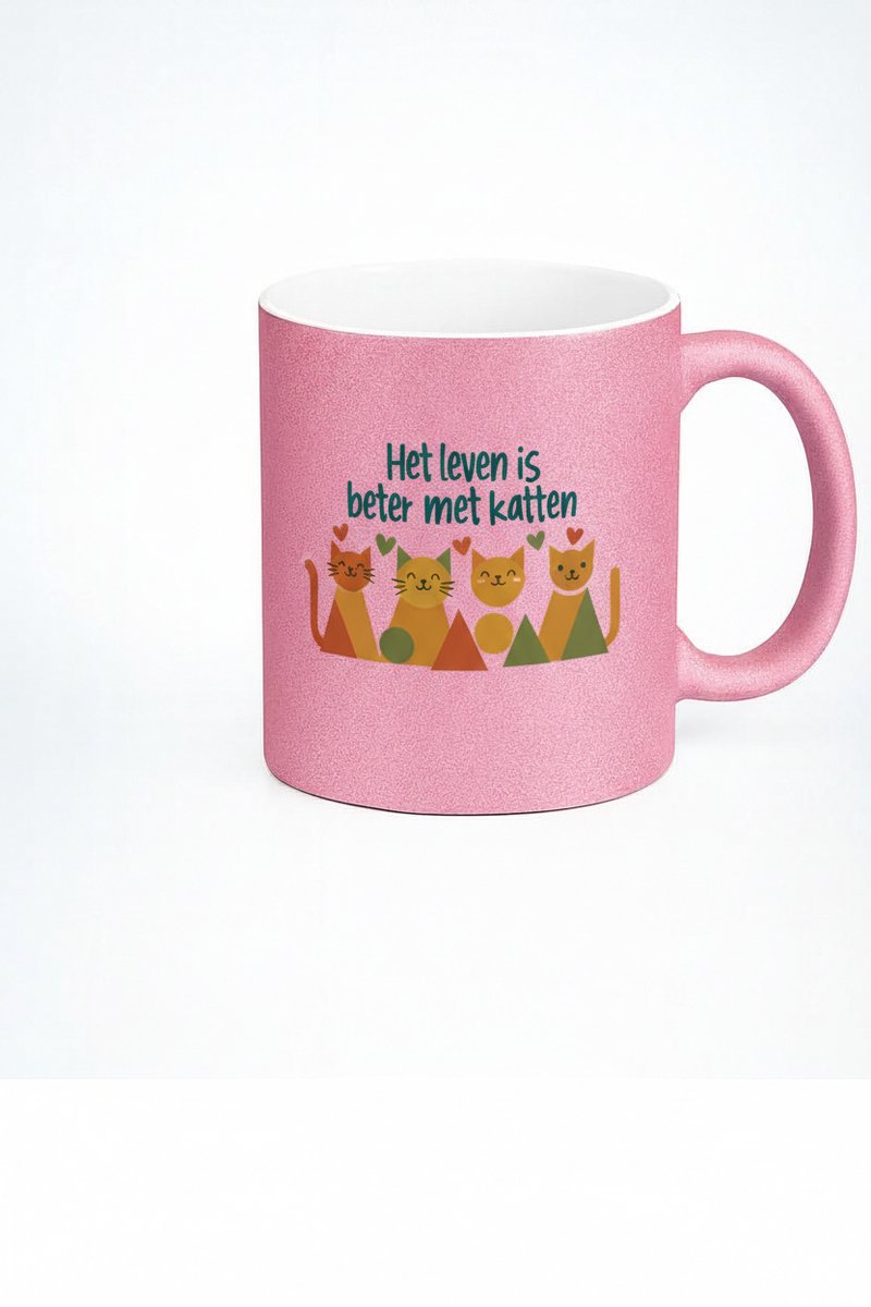 Roze Glitter Mok - Het Leven is Beter met Katten - Cadeau voor Kattenliefhebbers
