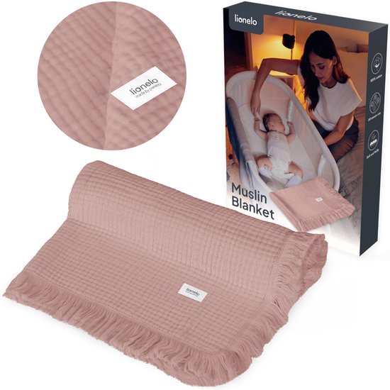 Lionelo Muslin Blanket – Couverture mousseline 70×100 cm, 6 couches de coton, douce et respirante, toutes saisons, franges décoratives, utilisable comme gigoteuse ou serviette de bain, emballage cadeau