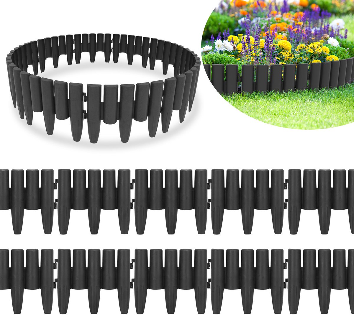 14m Kunststof Gazonrand Houtlook - Set van 50 stuks Borderrand - Bedrand Maairand Decoratief Bloembedrand Maaikant voor Tuinpalissade - Antraciet