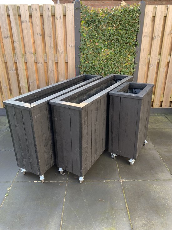Steigerhouten plantenbak - Bloembak op wielen - Tuin - Terras - Balkon - Binnen - Buiten - Inclusief worteldoek - Decoratie - Afscheiding