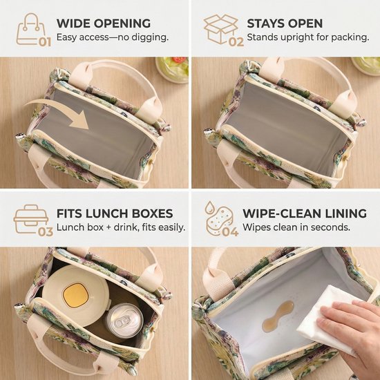 Rainbecom - Koeltassen Lunchtas 5,5L Geïsoleerd - Lunch tas Dames & Heren - 22x13.5x19.5 cm Lunchbag voor Werk & School - Koeltas Waterafstotend Polyester - Grote Opening met Rits - Beige Tropische Print van Rainbecom — afbeelding 3