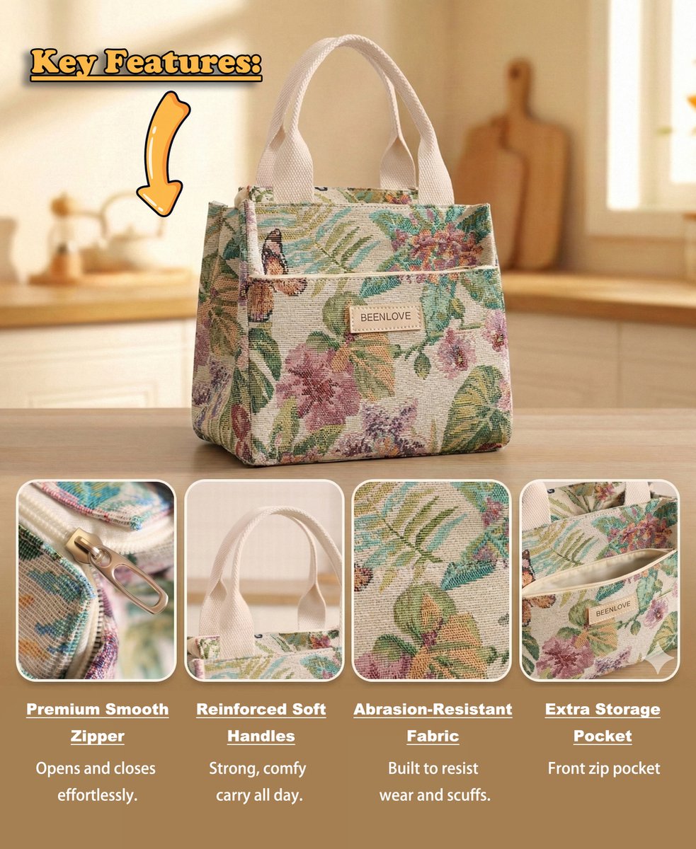 Rainbecom - Koeltassen Lunchtas 5,5L Geïsoleerd - Lunch tas Dames & Heren - 22x13.5x19.5 cm Lunchbag voor Werk & School - Koeltas Waterafstotend Polyester - Grote Opening met Rits - Beige Tropische Print — cadeau in Cadeau-ideeën - foto 4