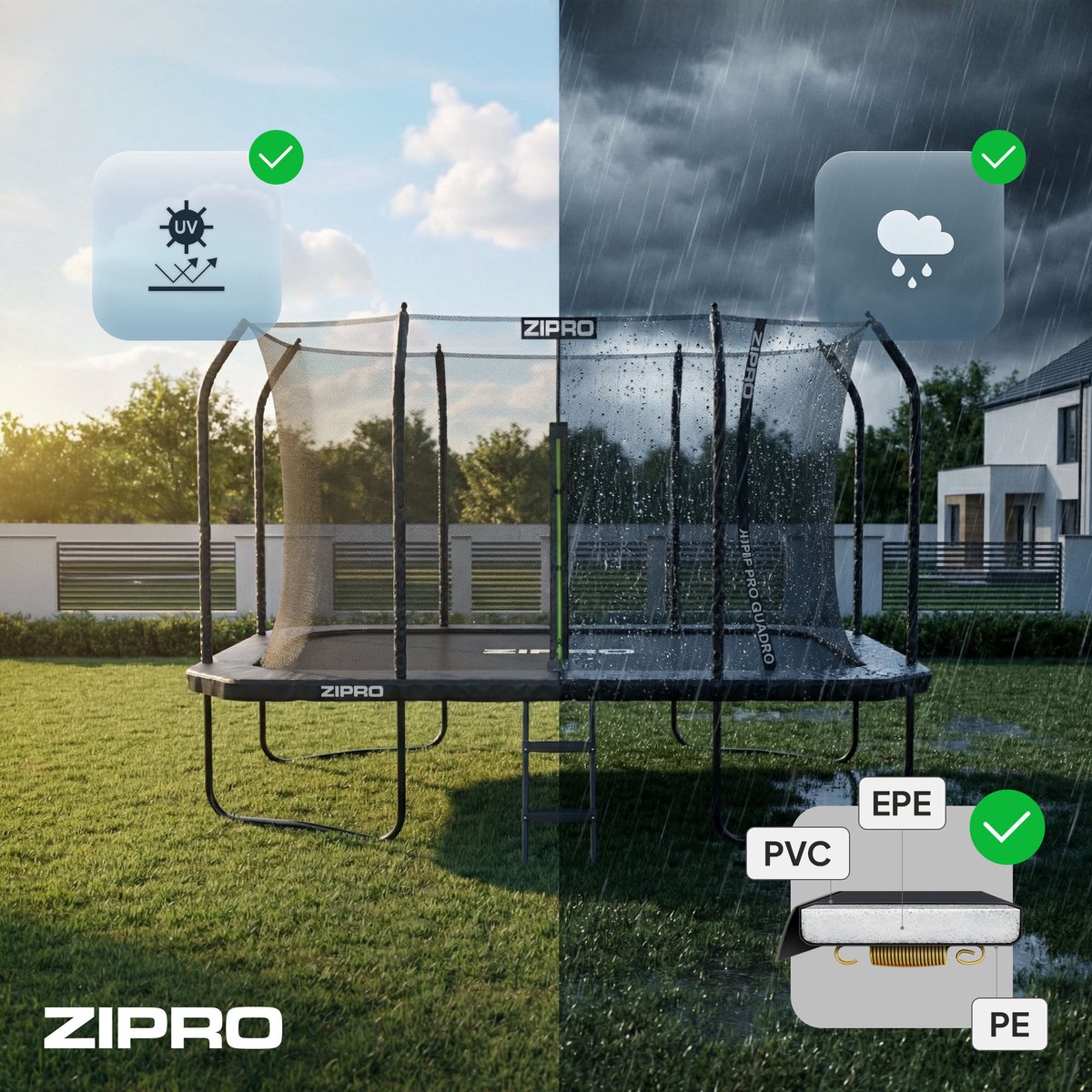 ZIPRO® JumpPro Quadro 8x12FT - Tuintrampoline - 366x244 cm - Met ladder - Max. belasting 150 kg - Dubbele sluiting - Veerbeveiliging - CROSS-SECTION-systeem - Zwart — afbeelding 7