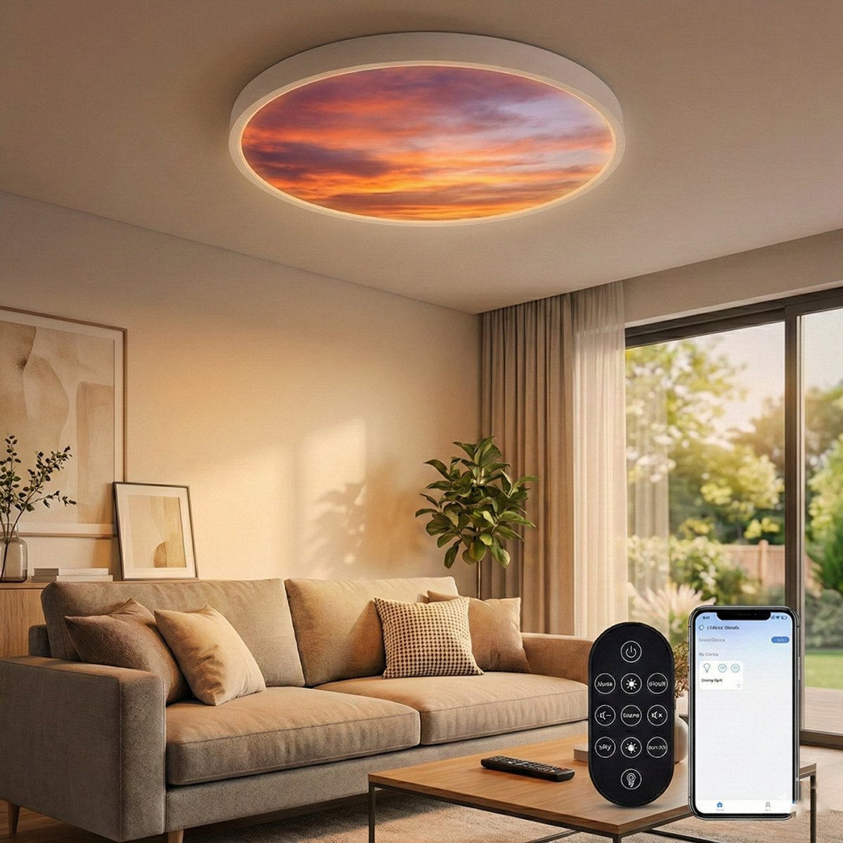 Rosnek Virtueel Raam - 1800K-12000K - Ultra-Realistische RGBW Lucht LED - Smart Intelligente Ritmische Circadiane Plafondlamp - Dimbaar - 80 W - Ø 50 cm - voor Woonkamer en Kantoor