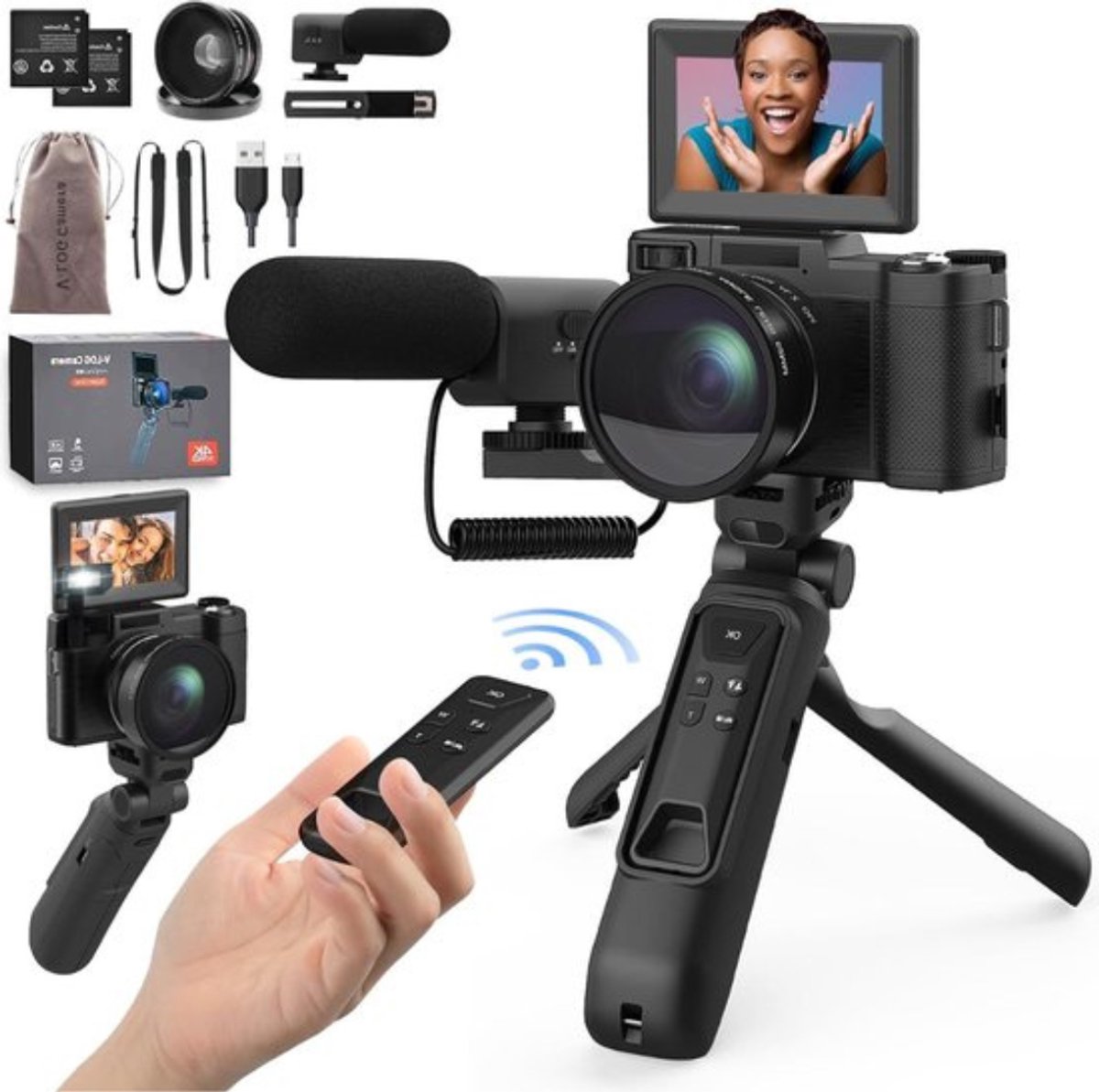 Digitale Camera – Met 4 in 1 Powerbank Bedieningstripod – Camera – Fotocamera – Fototoestel – 3 Inch 180° Flipscreen – Autofocus – Zwart
