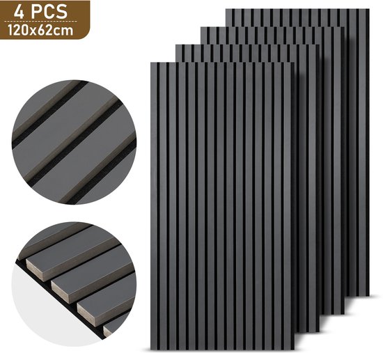 Set de 4 panneaux acoustiques avec aspect bois en MDF Acoustique - Grijs - Zwart feutre - 60 x 120 x 2,1 cm