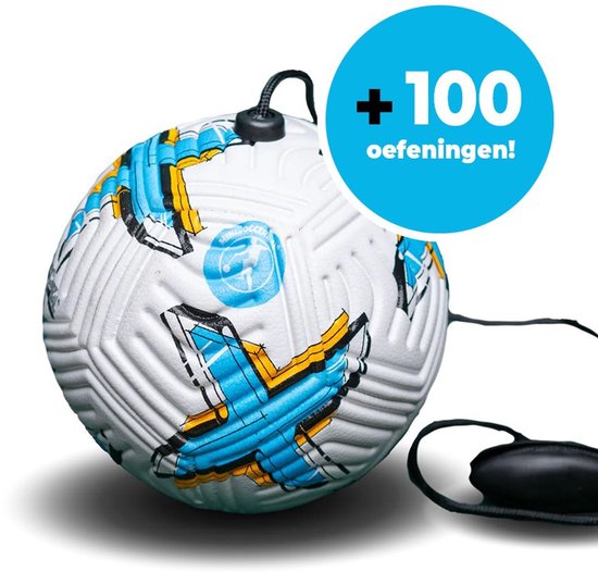 Witte voetbal met blauwe en gele patronen, met een koord en een handvat. Plus 100 oefeningen!