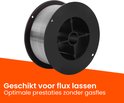 Spoel met lasdraad op zwarte spoelhanger, met de tekst "Geschikt voor flux lassen"