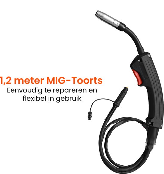 Zwarte MIG lastoorts van 1,2 meter met rode knop, met de tekst "1,2 meter MIG-Toorts"