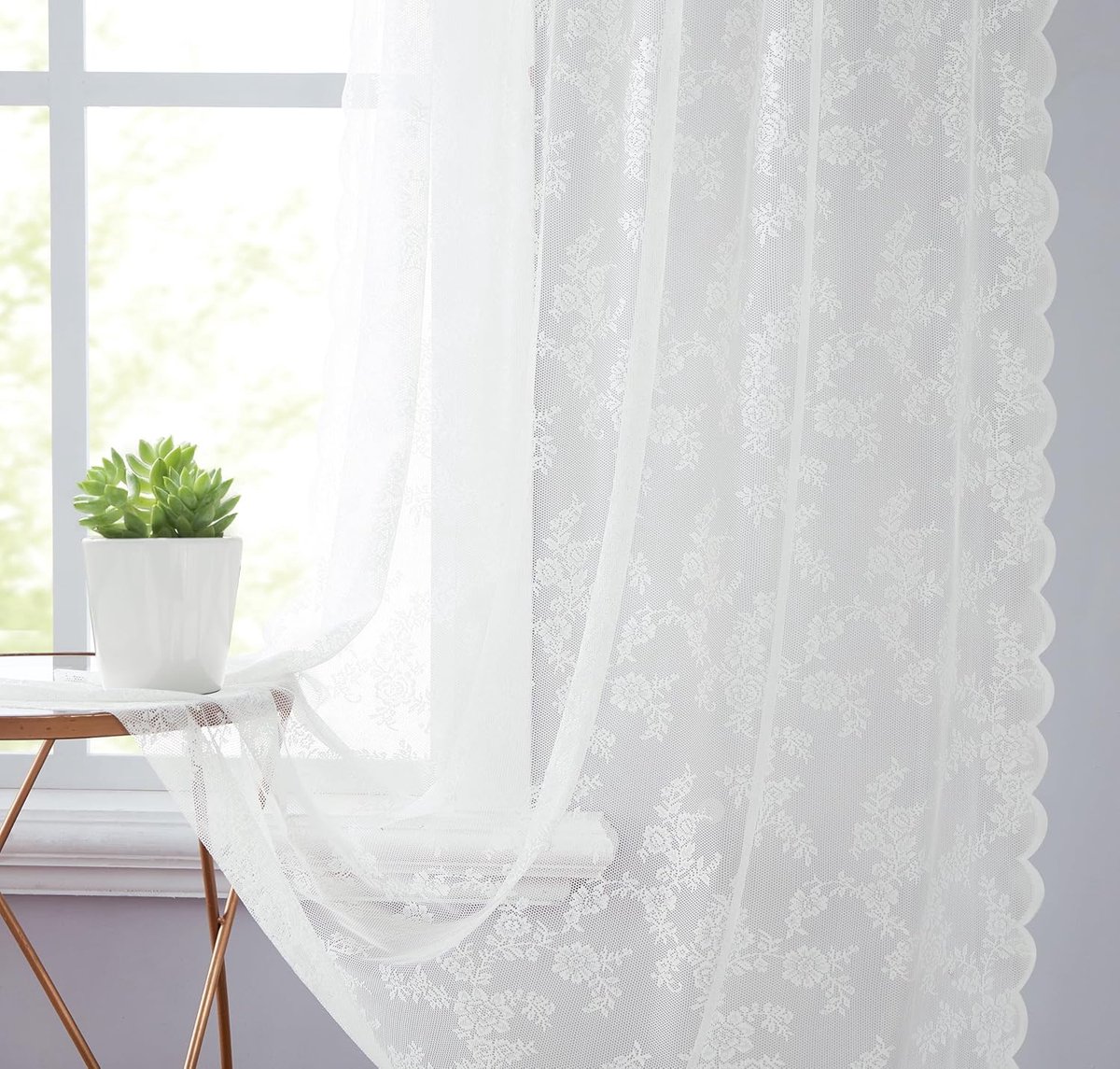 Qelus 2 Stuks Kant Vitrage met Bloemen - Transparant Gordijn met Broderie - Romantisch Kanten Gordijn - Tunnelzoom - Vintage Decoratie - Rideau Dentelle Floral - B150xH130cm wit - 2 stuks