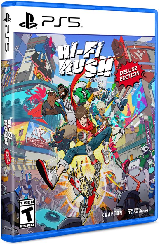 De PS5-hoes van Hi-Fi Rush Deluxe Edition toont een cast van kleurrijke personages in een levendige stad.