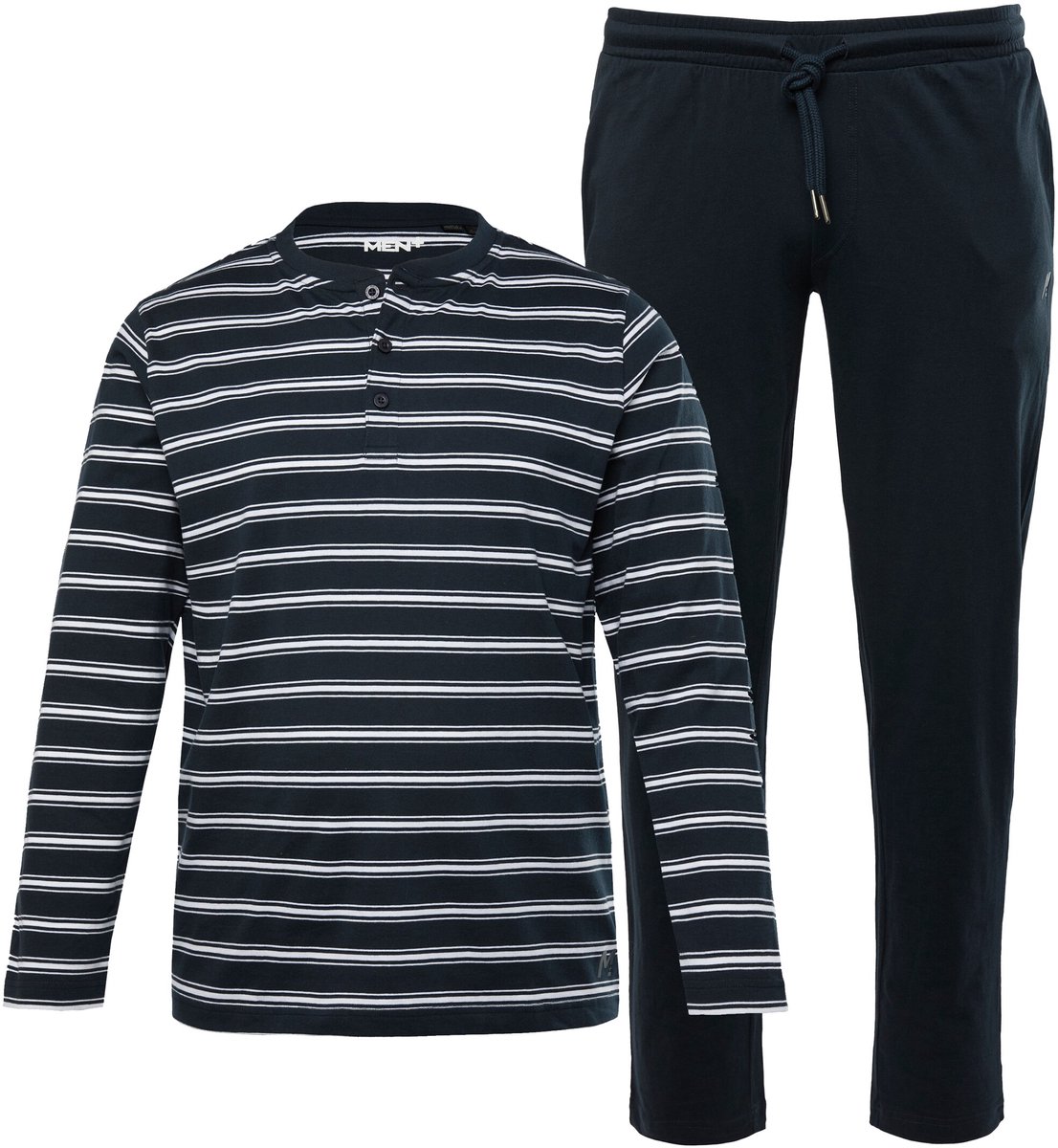 Men Plus - Heren - Pyjama Buikfit tweedelig Henley-shirt met lange mouwen - Navy blauw - Maat XL