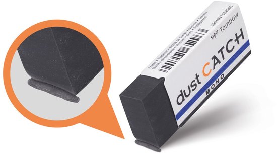 Tombow stofvanger gum, close-up van de onderkant die vuil opvangt, witte verpakking met tekst 'dust CATCH MONO'.