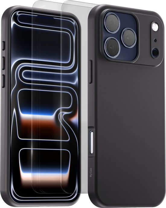 Coque compatible avec Apple iPhone 17 Pro Max Zwart - 2 films de protection d'écran - Verre de protection - Coque antichoc