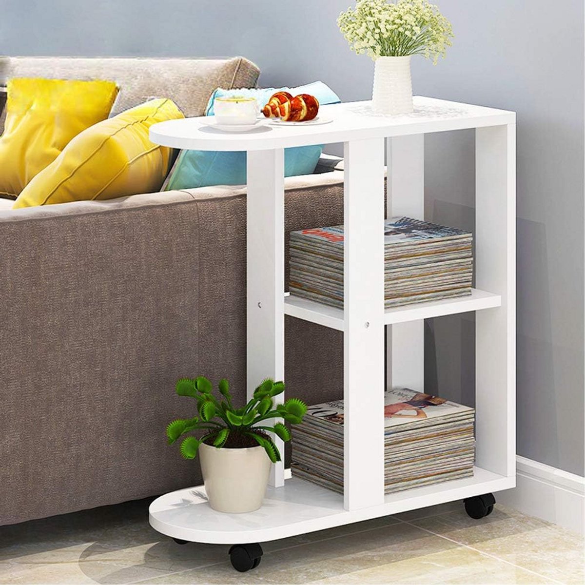 Verrijdbare Mobiele Bijzettafel Wit voor Kleine Ruimtes