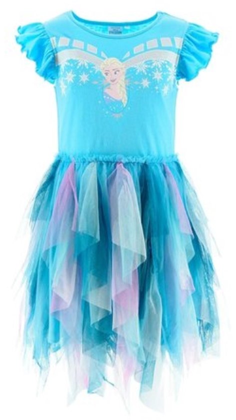 Blauw Disney Frozen jurkje met Elsa-print, korte pofmouwtjes en tule rok.