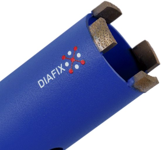 Blauwe kernboor met de DIAFIX logo en vier diamantsegmenten.