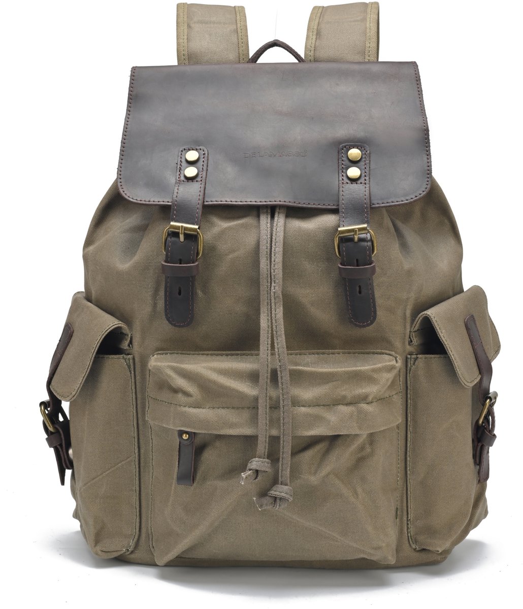 DE LAMASSU® Vintage Canvas Laptoptas 15 inch – Motor & Fiets Geschikt – Harde Achterkant – Messenger Bag – Canvas & Echt Leer – 40x28x10 cm