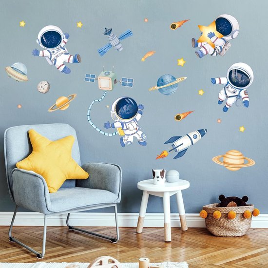 Ruimte Thema Muurstickers met Astronaut en Planeten voor Kinderkamer