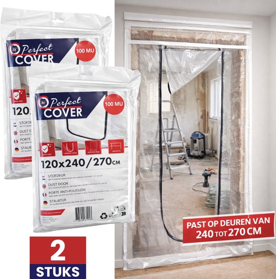 Perfect Cover® 2 Stuks Stofdeur U met Rits - 2,4 m x 1,2 m - Deurhoes tegen Stof - Zelfklevend - Stofvrije Verbouwingen - Transparant