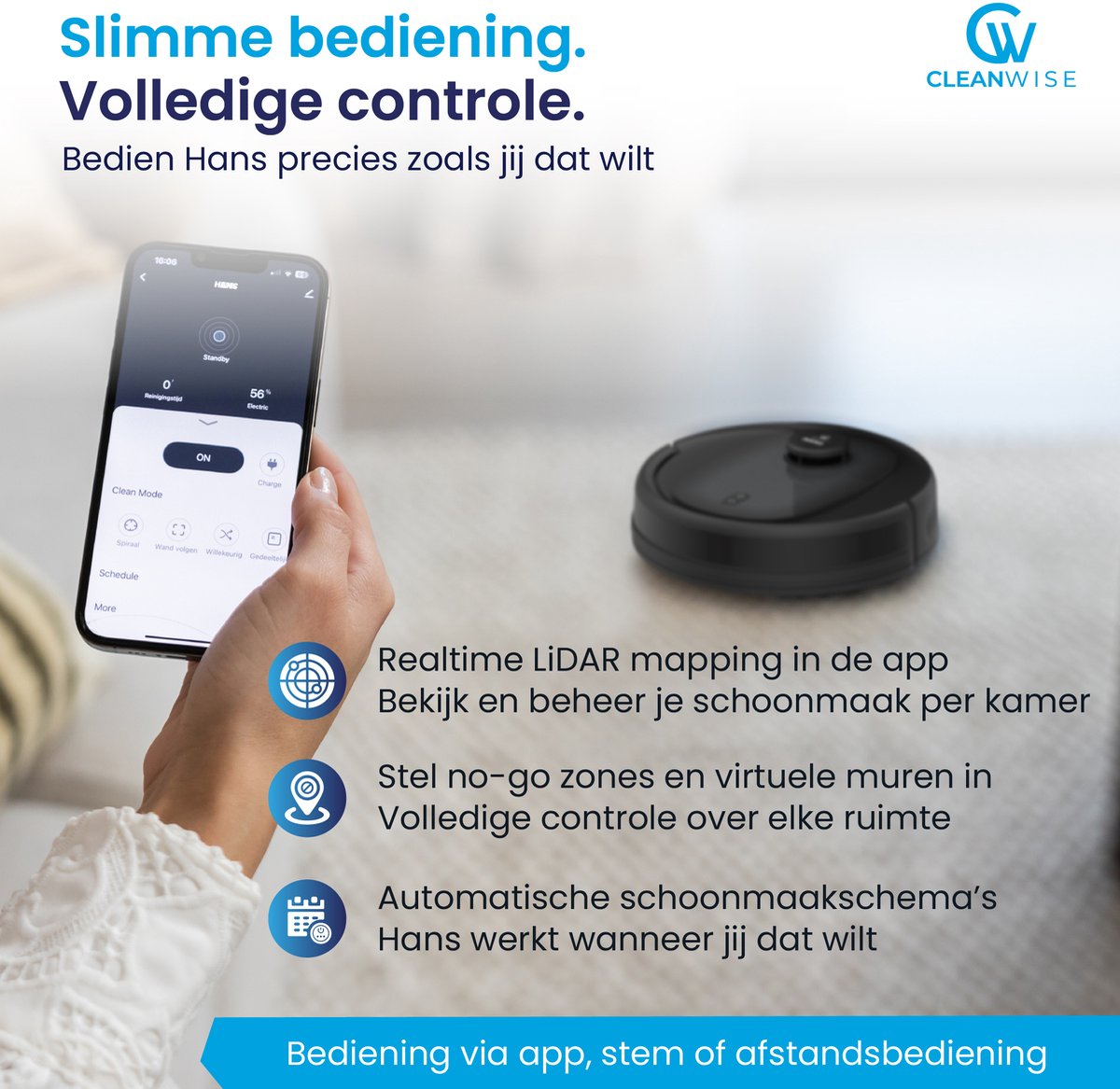 CleanWise Hans Robotstofzuiger met Dweilfunctie & Oplaadstation – Nederlands Product - Dweilrobot – LiDAR Navigatie – 7000 Pa – HEPA 14 Filter – Tapijtherkenning – No-Go Zones – App & Spraakbediening (Google/Alexa) – Voor Huisdierharen — afbeelding 4