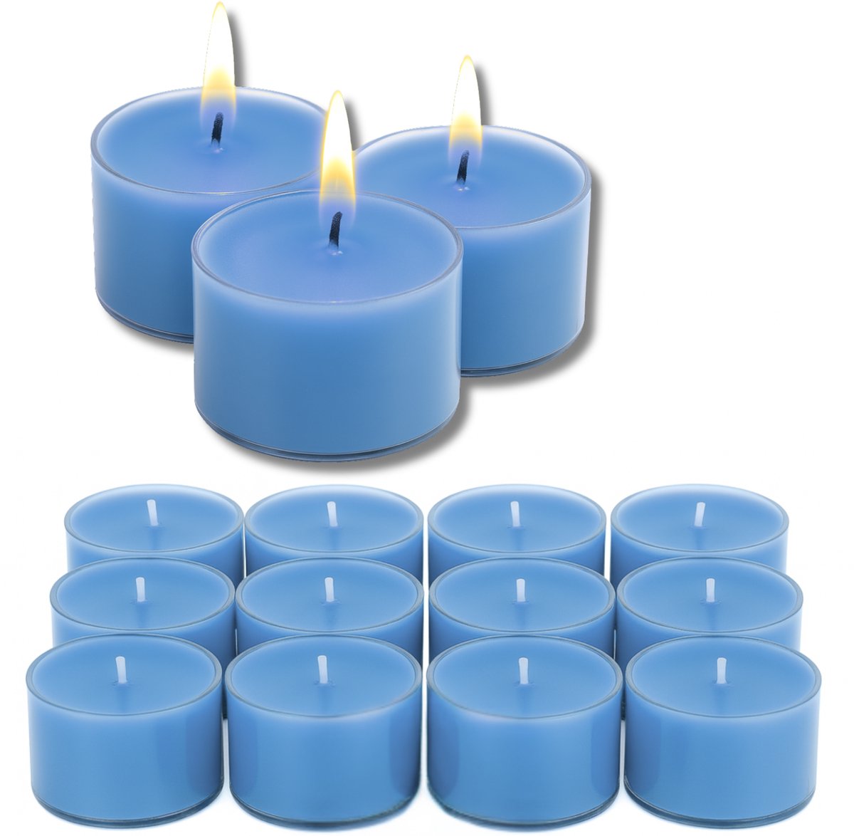 Candelo XXL Geurtheelichtjes Calm Wellness – Set van 12 in zeeblauw – ontspannende spa-geur met citrus- & aquatische aroma’s – 8 uur brandduur – grote geurkaarsen voor badkamer, spa & woonruimtes