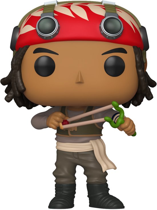 Funko Pop! vinylfiguur van Usopp met slinger en rode helm met witte bladeren. Draagt een bruine outfit.