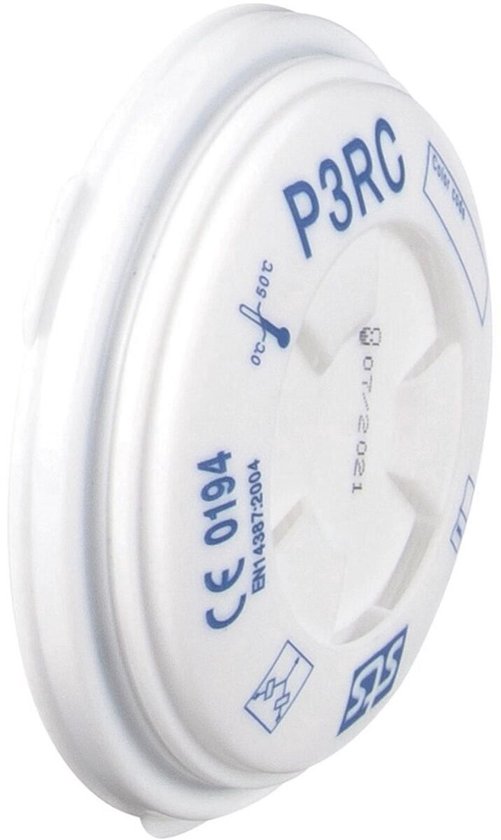 Wit P3RC partikelfilter met CE 0194 EN14387-2004 en temperatuuraanduiding.