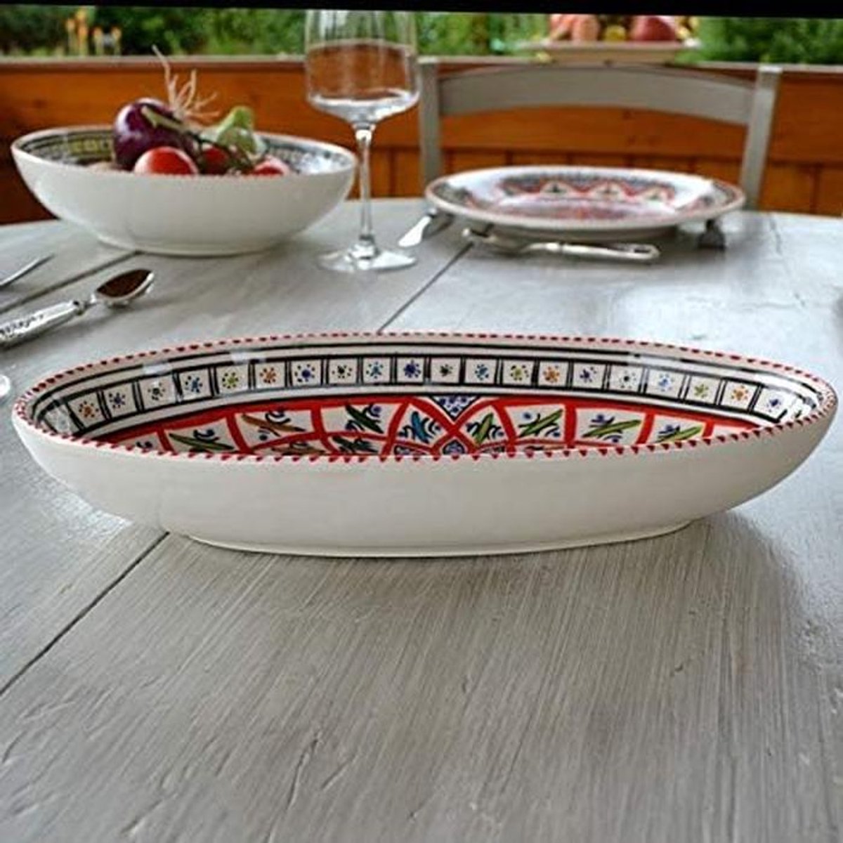 Ovale Serveerschaal Rood Handbeschilderd Keramiek 30 cm