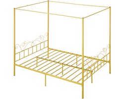 Queen size metalen hemelbedframe met vierpotenontwerp, stevige stalen latten, minimalistisch hoofdeinde, opbergruimte onder het bed, geen boxspring nodig, eenvoudige montage, gouden afwerking
