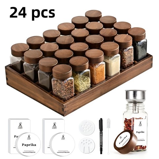 Kruidenpotjes Set met Acacia Houten Rek – Verticale Lade met Gelabelde Potjes & Kruidenlabels – Ruimtebesparend voor Kast of Keuken 24
