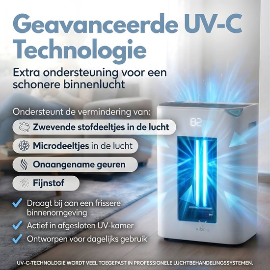 Witte Vibrix luchtontvochtiger met UV-C technologie en blauwe lichtstralen die stofjes, microdeeltjes, geuren en fijnstof verminderen voor schonere lucht.