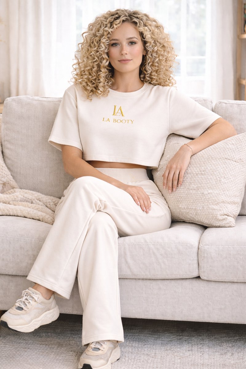 La Booty-Luxe Dames Joggingpak Ecru – Premium Katoen – Sweater– Designer Lounge wear Set – maat XL