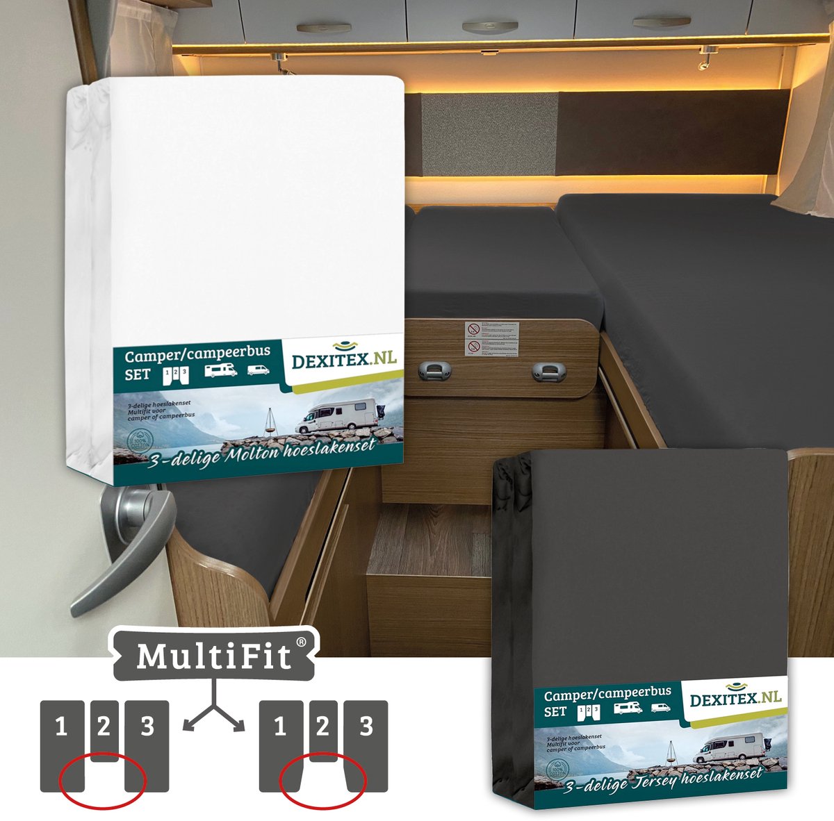 Dexitex 1 x moltonset 1 x hoeslakenset ANTRACIET 3-delige set / Lengte bedden/Enkele bedden / Caravan Camper