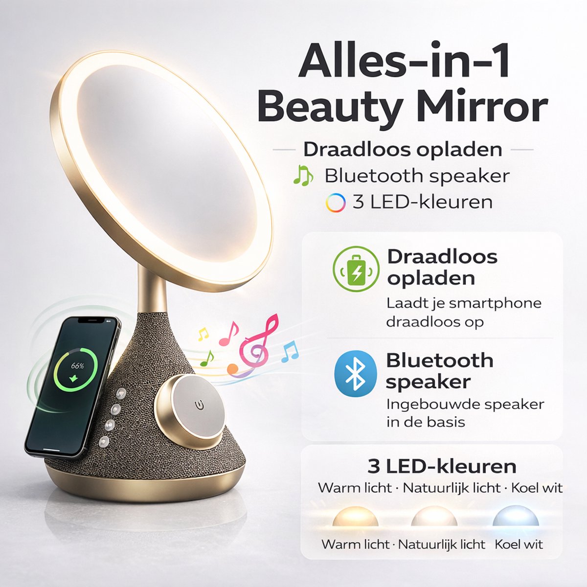 Dermalaze LED Make-up Spiegel – 3 Lichtstanden, Bluetooth Speaker, Draadloos Opladen & USB Poort – Luxe Compact Design