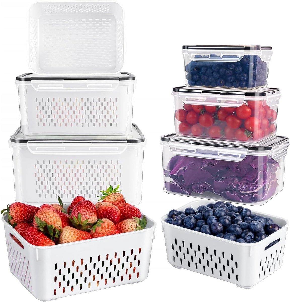 Organisaties voor koelkastopslag met deksels, fruit- en groentecontainers, vers voedselbewaardozen voor in de koelkast