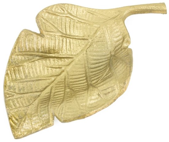 Gouden schaaltje in de vorm van een blad met duidelijke nerven en een steel.