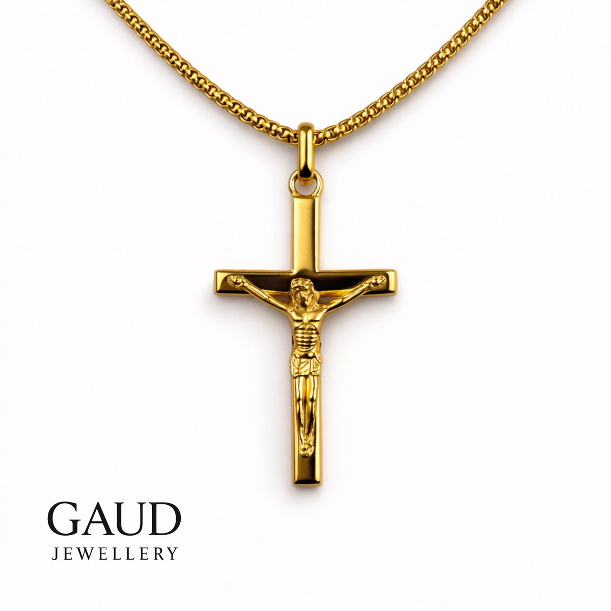 Kruis Ketting met Jezus Figuur GAUD – Goudkleurig Stainless Steel – 60 cm – Inclusief Cadeaudoos