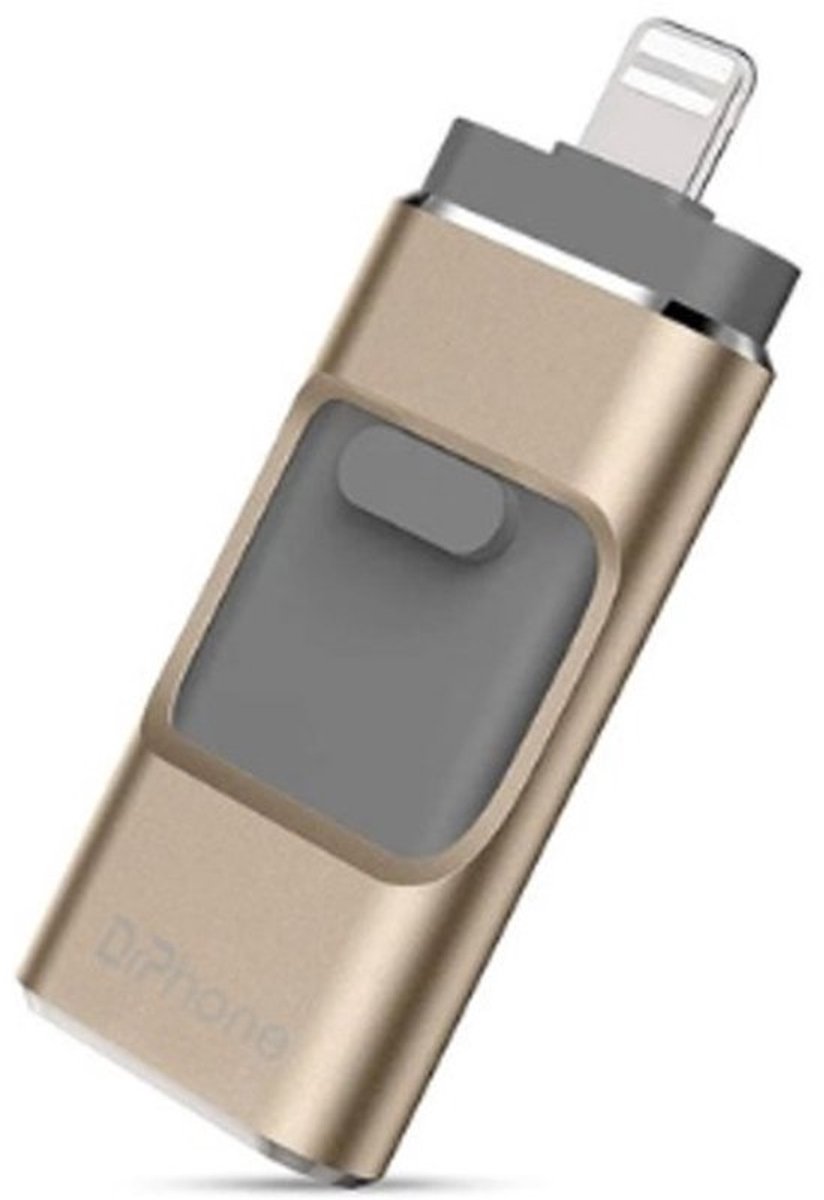 DrPhone 32GB 3-in-1 Flashdrive USB Stick – USB 3.0 + Micro USB + Lightning – Inclusief USB-C OTG Adapter – Geschikt voor iPhone, Android & Tablet – Goud