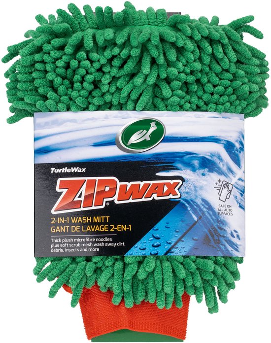 Turtle Wax Zip Wax 2-in-1 Wash Mitt, oranje aan de binnenkant, groene microvezel.
