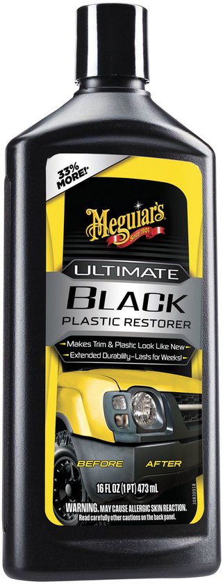 Fles Meguiar's Ultimate Black Plastic Restorer met voor-en-na afbeelding van een auto. 33% meer!