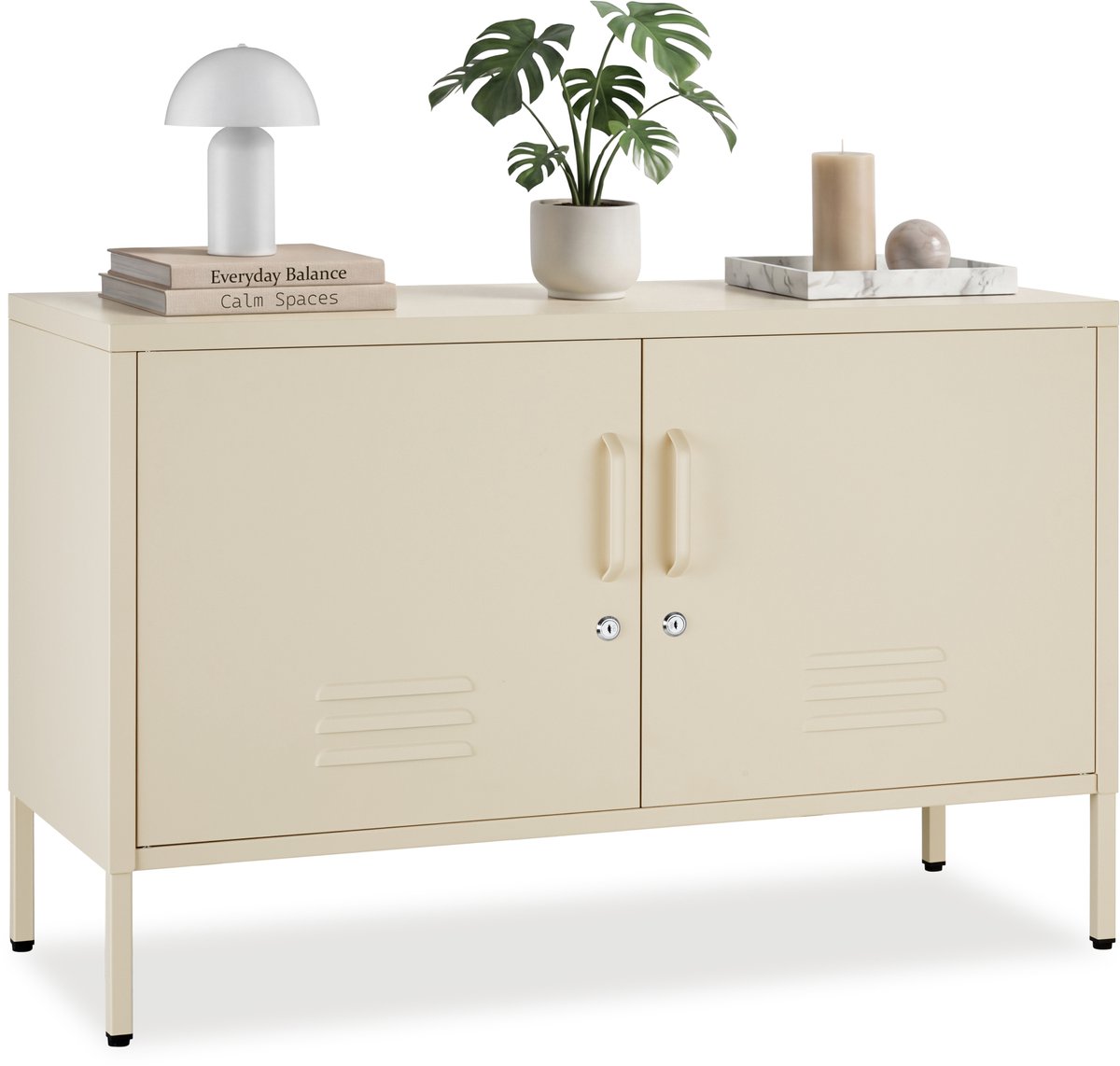tectake® Stalen Dressoir - TV Meubel - 100 x 42,5 x 65 cm - Commode - Verstelbare Planken - 2 Deuren met Magneetsluiting - Lowboard - Metalen Kast - Crème