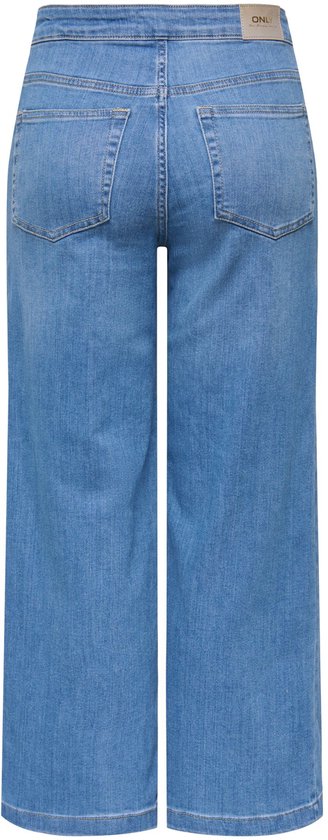 Achterkant van blauwe denim, wijde pijpen jeans met hoge taille.
