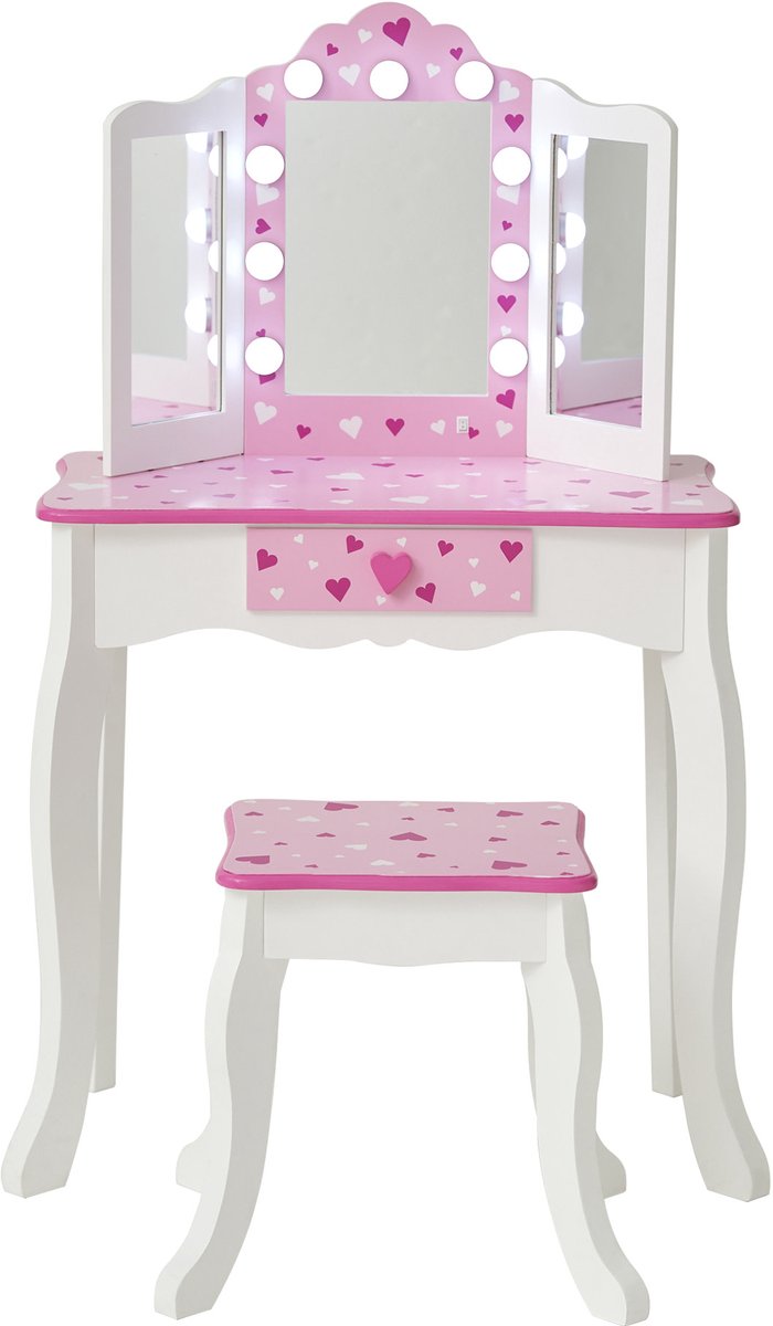 Teamson Kids Houten Kaptafel Kinderen - LED Lichten - Tafel en Stoel Set - Roze Hart