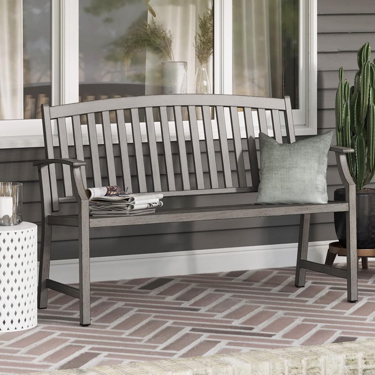 Tuinbank 128 cm Metalen Parkbank 2-3 Zits met Rugleuning en Armleuningen – Retro Design – Weerbestendig Staal – Warm Grijs – 55 x 128 x 90 cm – Laura